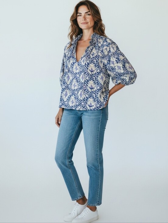 Free People Tops - Free People Willow Printed Boho Smocked Puff Sleeve Top Blouse Size S Blue Purpl